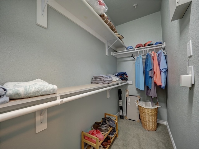 walk in closet with light colored carpet