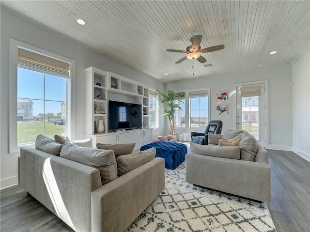 living room with hardwood / wood-style flooring, ceiling fan, and wood ceiling