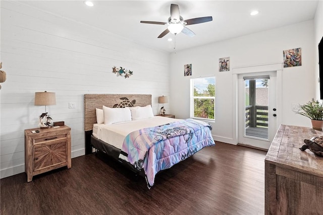 bedroom featuring access to outside, ceiling fan, dark wood finished floors, and recessed lighting