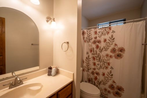 bathroom with curtained shower, vanity, and toilet