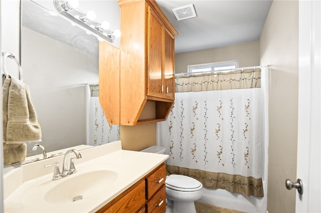 full bathroom with tile patterned flooring, vanity, toilet, and shower / bathtub combination with curtain