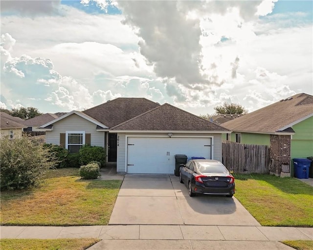 ranch-style house featuring a garage and a front yard