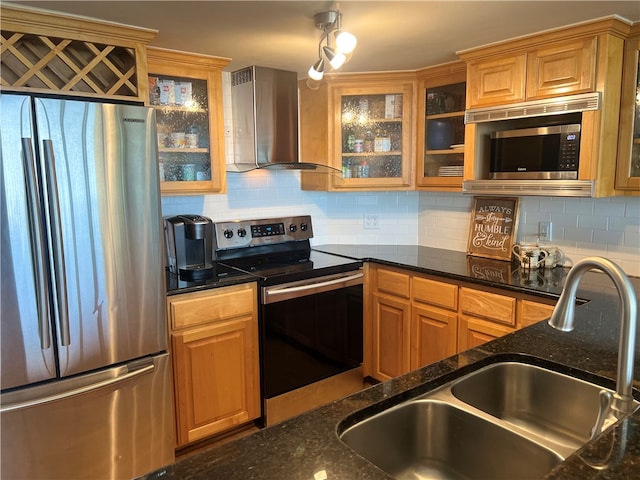 kitchen featuring tasteful backsplash, sink, wall chimney exhaust hood, and stainless steel appliances