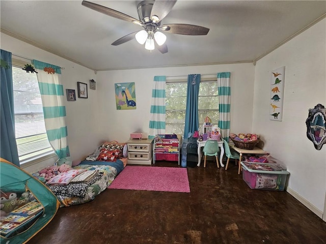 bedroom with finished concrete floors, ornamental molding, and multiple windows