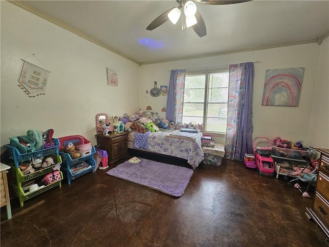 bedroom with finished concrete flooring, ornamental molding, and a ceiling fan