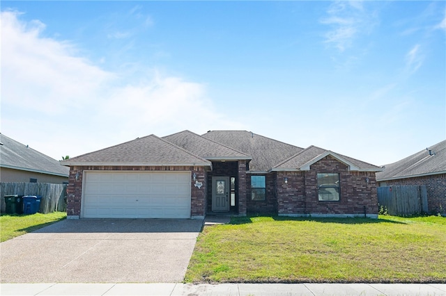 single story home featuring roof with shingles, concrete driveway, an attached garage, fence, and a front lawn