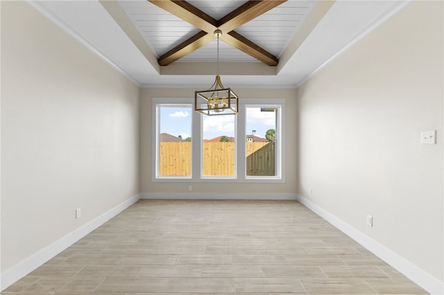 13942 Ketch St, Corpus Christi, TX 78418 - unfurnished dining area featuring a chandelier, light wood-style flooring, a tray ceiling, and a wood ceiling with exposed beams