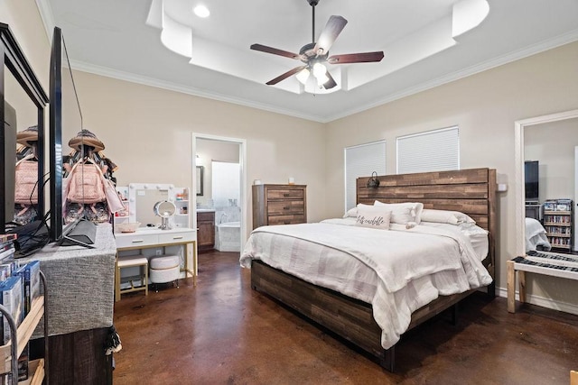 bedroom with a raised ceiling, connected bathroom, ceiling fan, and crown molding