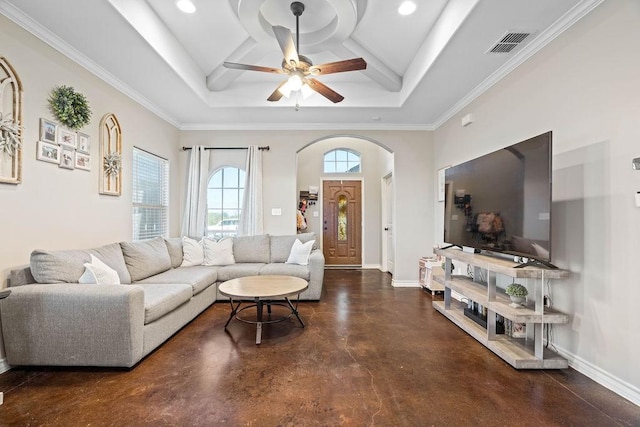 living room featuring beam ceiling, crown molding, ceiling fan, and coffered ceiling