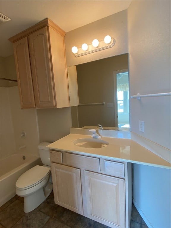 full bathroom with toilet, shower / bathing tub combination, vanity, and tile patterned floors