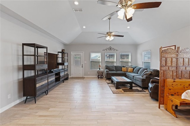 13950 Ketch St, Corpus Christi, TX 78418 - living room with ceiling fan, lofted ceiling, light wood-style flooring, baseboards, and recessed lighting