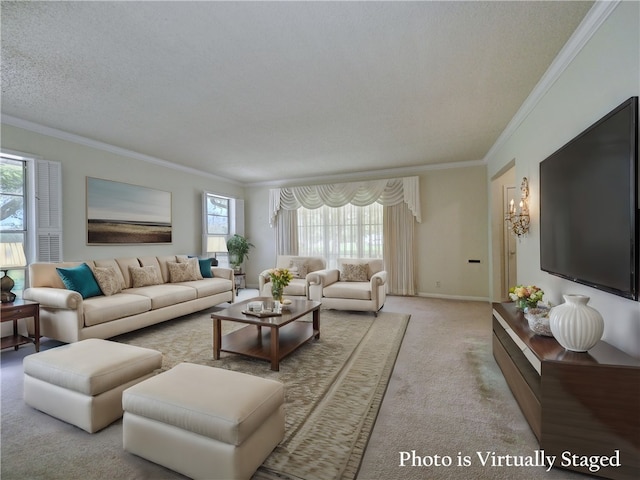 carpeted living room featuring a textured ceiling and crown molding