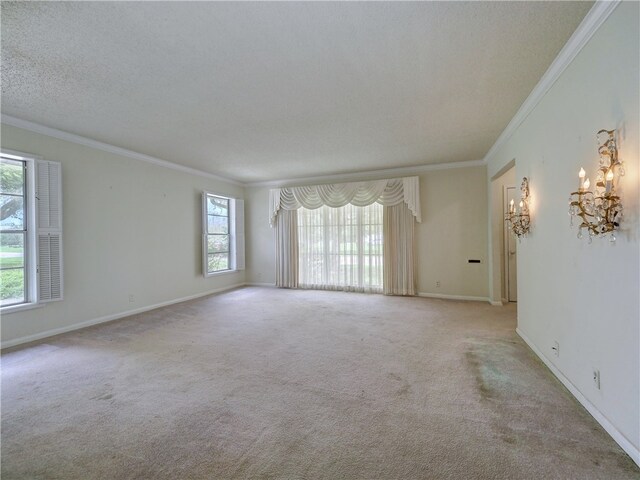 carpeted spare room featuring a textured ceiling, crown molding, and plenty of natural light