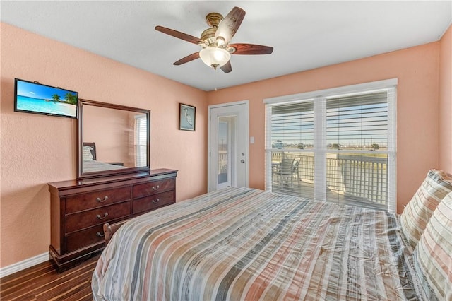 bedroom featuring ceiling fan and dark hardwood / wood-style flooring