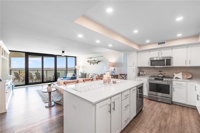 kitchen featuring wood-type flooring, appliances with stainless steel finishes, expansive windows, a kitchen island, and white cabinetry