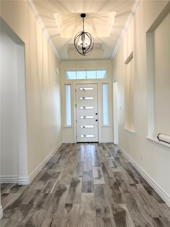 entrance foyer with a notable chandelier, a tray ceiling, wood finished floors, and crown molding