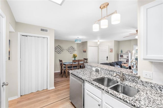 kitchen with visible vents, white cabinets, a peninsula, stainless steel dishwasher, and a sink