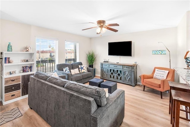 living area featuring a ceiling fan and light wood-type flooring