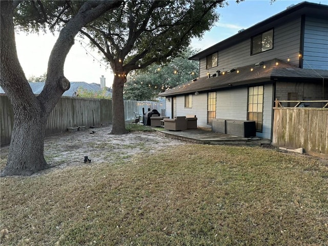 view of yard featuring a mountain view, a patio, and an outdoor hangout area