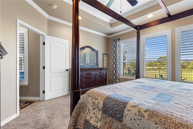 bedroom featuring ceiling fan, light carpet, and ornamental molding