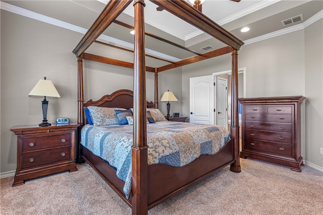 carpeted bedroom with beam ceiling, crown molding, and ceiling fan