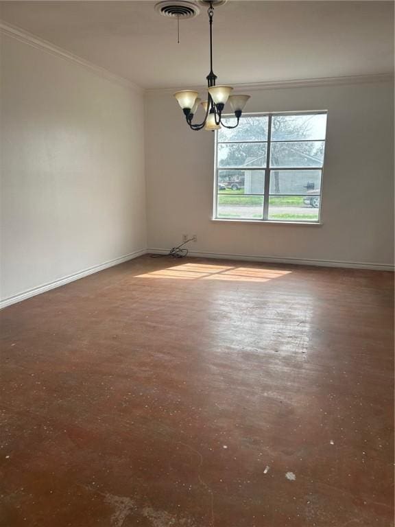 interior space featuring ornamental molding, a notable chandelier, and concrete floors