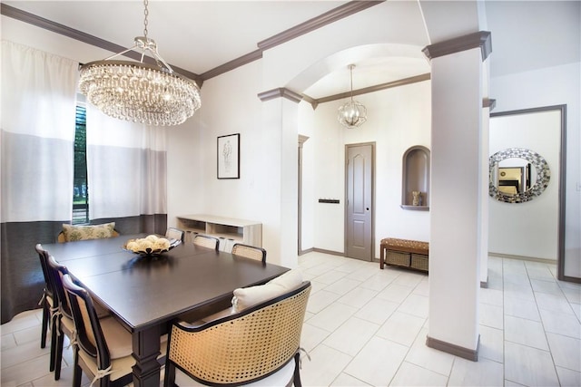7002 Madiera Dr, Corpus Christi, TX 78414 - dining room featuring a chandelier, decorative columns, crown molding, arched walkways, and light tile patterned floors