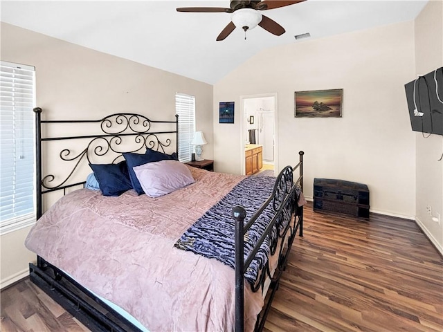 bedroom with visible vents, lofted ceiling, wood finished floors, baseboards, and ceiling fan