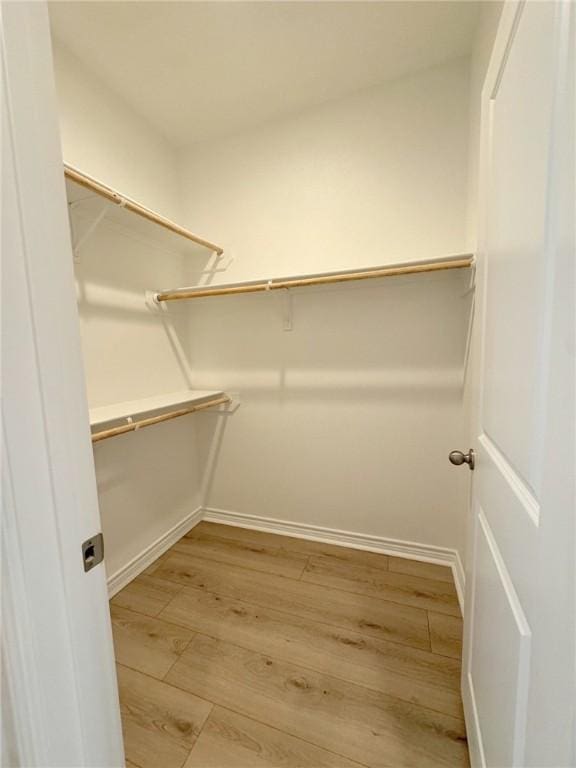 walk in closet with light hardwood / wood-style floors