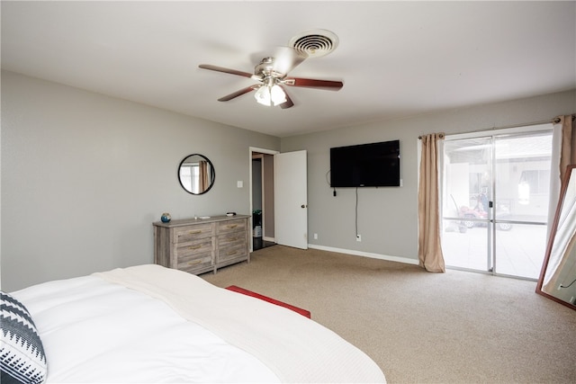 bedroom with access to exterior, ceiling fan, and light carpet