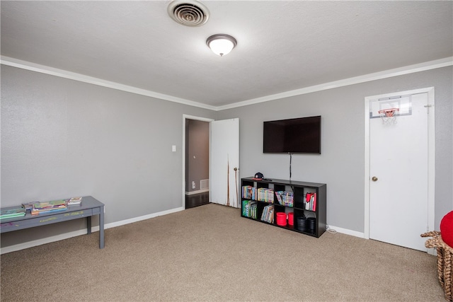 playroom featuring carpet and crown molding