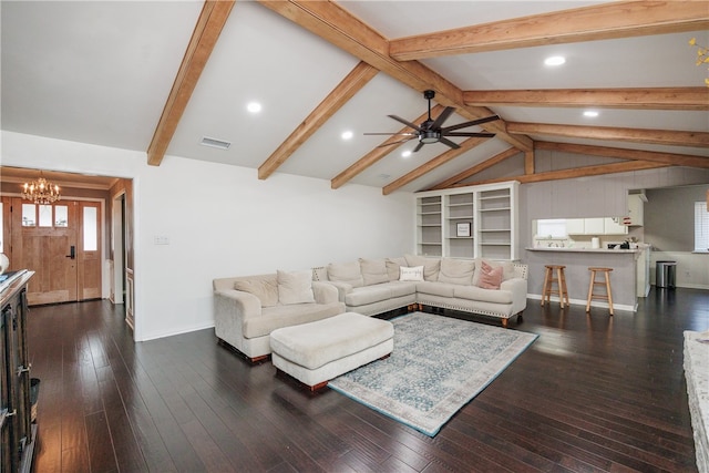 living room featuring ceiling fan with notable chandelier, lofted ceiling with beams, and dark hardwood / wood-style floors