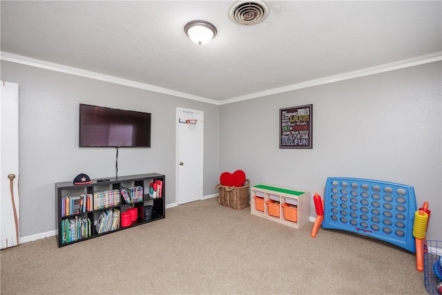 game room featuring crown molding and carpet floors