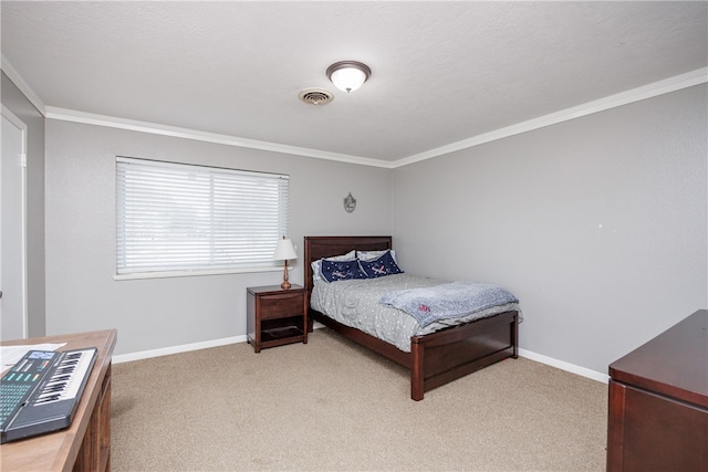 carpeted bedroom with ornamental molding