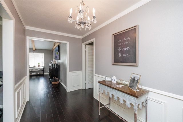 corridor with dark hardwood / wood-style floors, crown molding, and a notable chandelier