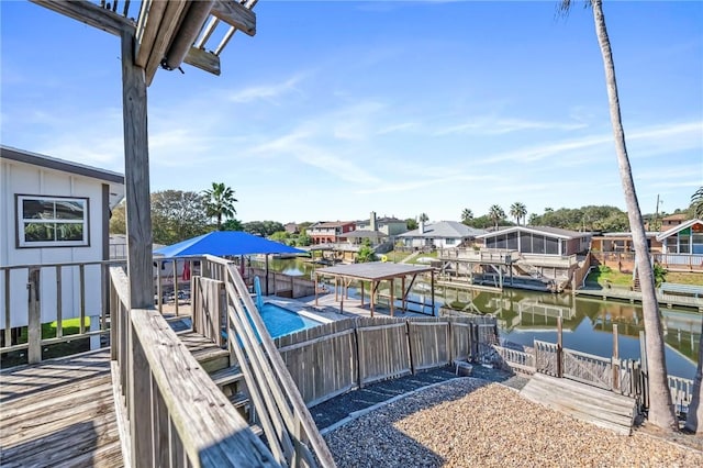 dock area featuring a water view and a fenced in pool