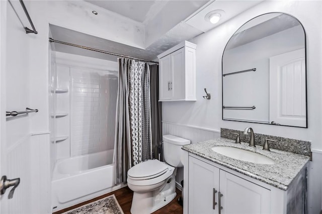 full bathroom with shower / bath combination with curtain, vanity, toilet, and hardwood / wood-style flooring