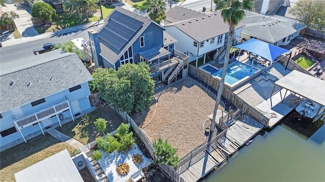 aerial view featuring a water view