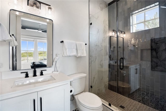 bathroom featuring vanity, toilet, and a shower with door