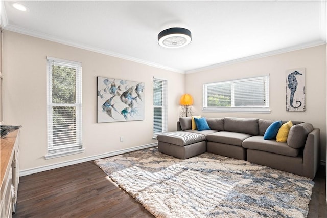 2110 Harbor Ct, Rockport, TX 78382 - living area with crown molding, dark wood-style flooring, baseboards, healthy amount of natural light, and recessed lighting