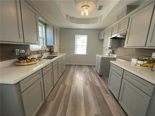 kitchen featuring a tray ceiling, a sink, visible vents, and gray cabinetry