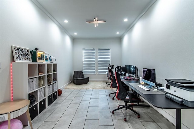 6730 Effat Dr, Corpus Christi, TX 78414 - home office with crown molding, recessed lighting, and tile patterned flooring
