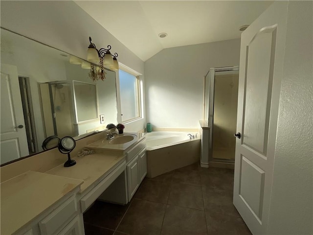 full bath featuring a shower stall, vaulted ceiling, a bath, tile patterned floors, and vanity