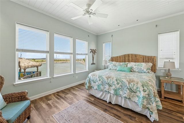 6 Sea Shell Shores Dr, Rockport, TX 78382 - bedroom featuring a ceiling fan, crown molding, wood finished floors, wooden ceiling, and baseboards