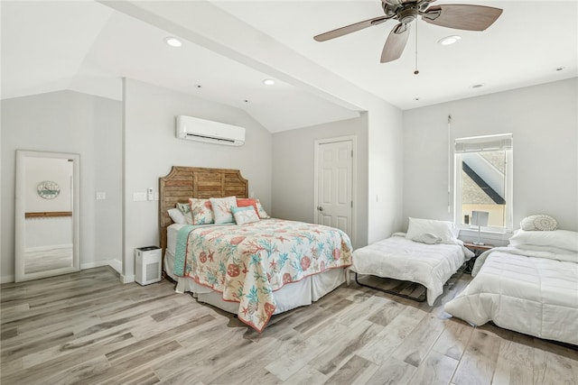 6 Sea Shell Shores Dr, Rockport, TX 78382 - bedroom featuring vaulted ceiling, light wood-style floors, a wall mounted AC, ceiling fan, and recessed lighting