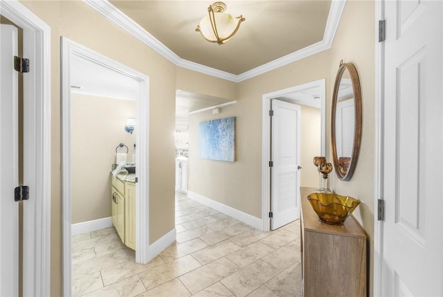 hallway featuring ornamental molding