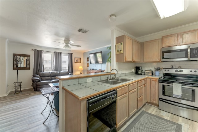 kitchen with kitchen peninsula, light hardwood / wood-style floors, sink, and appliances with stainless steel finishes