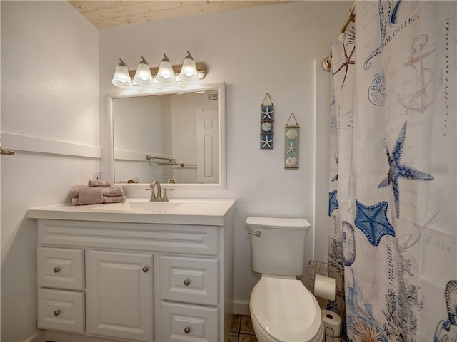 bathroom with tile patterned floors, a shower with curtain, vanity, toilet, and wooden ceiling