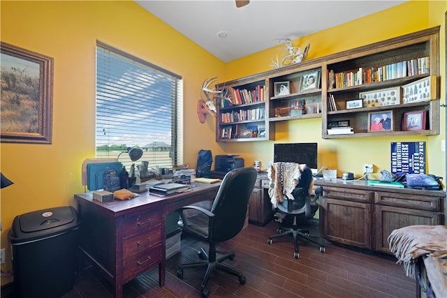 office area featuring dark wood-type flooring