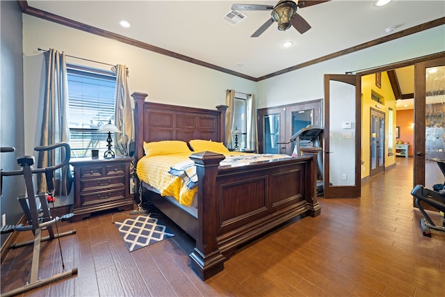 bedroom featuring ornamental molding, french doors, ceiling fan, and dark hardwood / wood-style floors